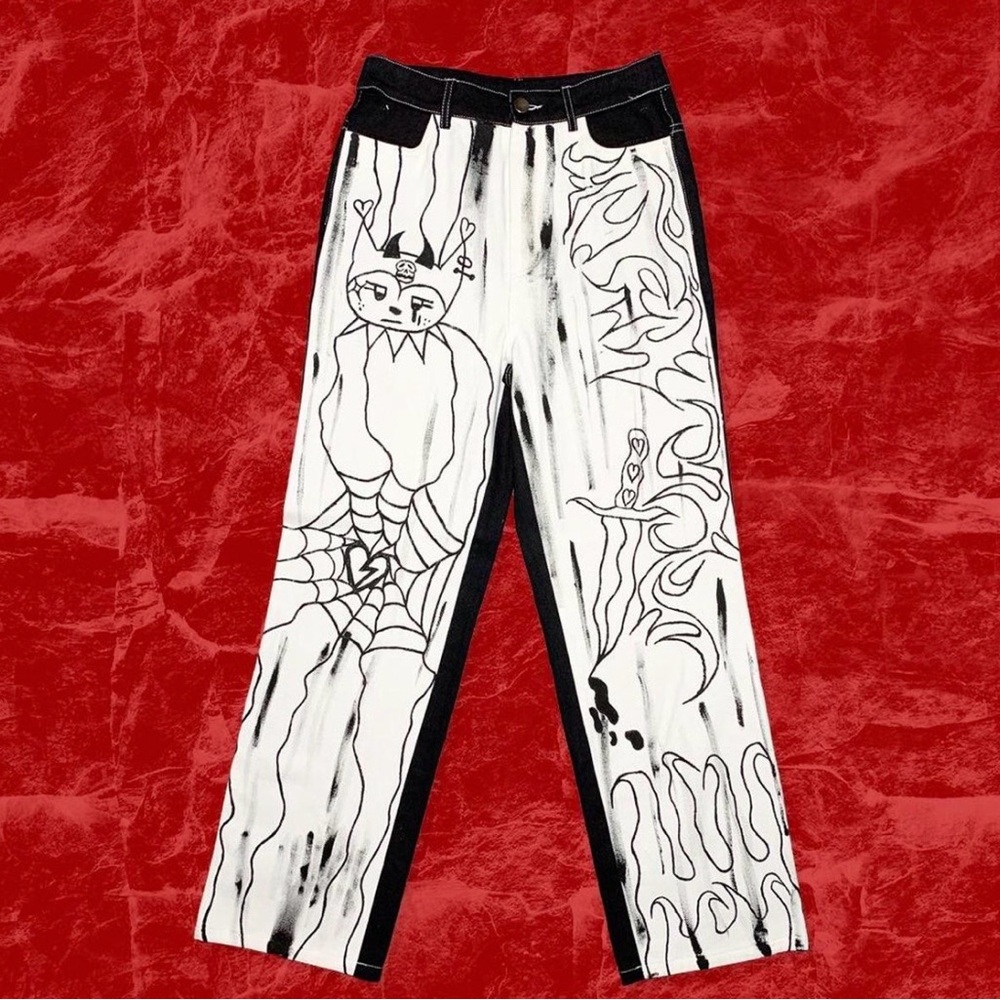 Black & White Hand-painted Straight Leg Jeans alternative grunge